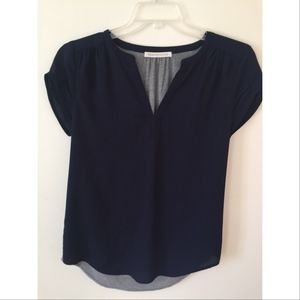 Daniel Rainn Split Neck Mix fabric Blouse, Navy,